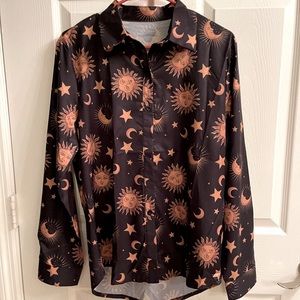 Star and sun graphic satin button up